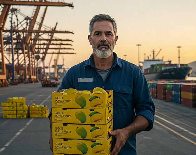 Man holding mangoes in a bucket